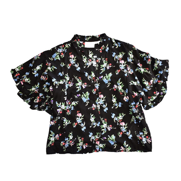A6 NEW MAEVE BY ANTHROPOLOGIE Black Floral Print Aveiro Flutter Sleeve Top Sz M - Picture 4 of 7